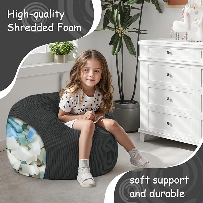 COMAX Bean Bag Chair for Kids 8-12, Toddler Beanbag Bed Corduroy, Convertible Child Bean Chair to Floor Mattress with Filler, Kid Reading Comfy Lounge Couch for Boys and Girls Bedroom, Dark Grey-CubbioJoy