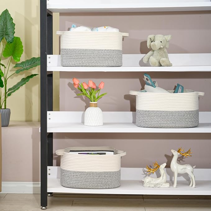 Cotton Rope Woven Storage Basket, Used for Baby Hamper Toy Organizer, Gift Baskets Empty,Kids Laundry Basket,Baby Blanket Basket. Size 15x10x8.7 Inches. (White&Grey-3PCS)-CubbioJoy