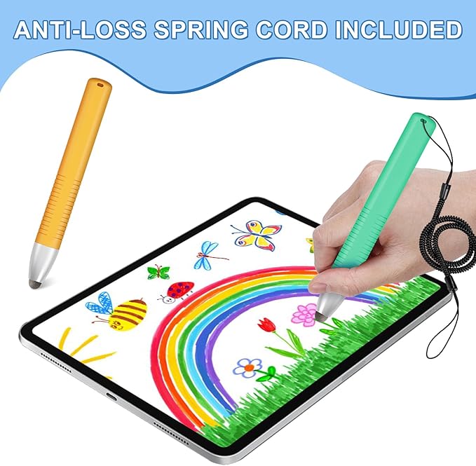 2pcs Kid-Friendly Stylus Pens for Touch Screens, Tablet Stylus Pen with Spring Cord Universal Touch Screen Capacitive Crayon Stylus Green Orange-CubbioJoy