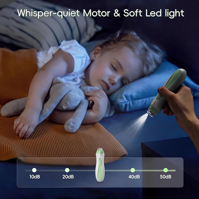 Baby Nail Trimmer Electric, 15 in 1 Baby Nail Clippers for Gentle Nail Care, Rechargeable Baby Nail File Electric with Light &15 Grinding Pads for Infant Toddler, Green-CubbioJoy