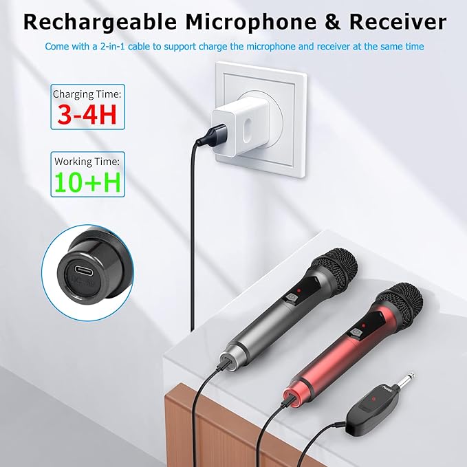 Aveek Wireless Microphone for Karaoke, 2.4GHz Rechargeable Karaoke Microphone(Work 10hs), for Speaker, Karaoke Machine,Church, Speech, Wedding, Party Singing, Grey&Red, 2 Packs-CubbioJoy