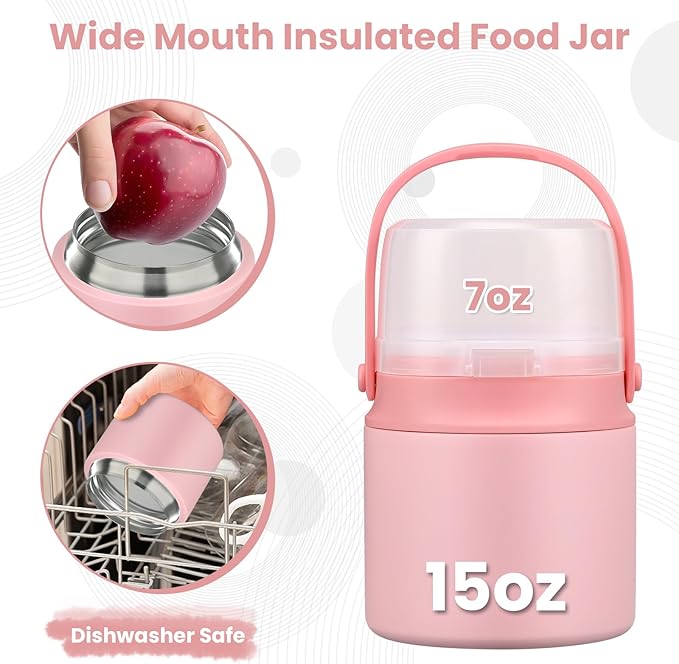 2-in-1 Insulated Food Jar & Snack Container - 15oz Kids Soup Thermos for Hot Food with Handle and Spoon, Leak Proof Reusable Toddler Snack Box, Perfect for School & Travel, Pink-CubbioJoy