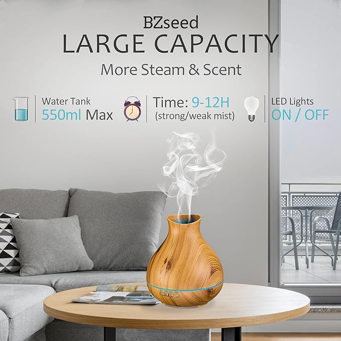 BZseed Aromatherapy Essential Oil Diffuser 550ml 12 Hours Wood Grain Aroma Diffuser with Timer Cool Mist Humidifier for Large Room, Home, Baby Bedroom, Waterless Auto Shut-off,7 Colors Lights Changing-CubbioJoy