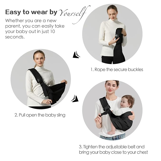 Baby Sling Carrier, Toddler Carrier Sling with Double Safety Buckle and Adjustable Shoulder Strap(7-30lbs), Baby Carriers One Size Fits All, Black-CubbioJoy
