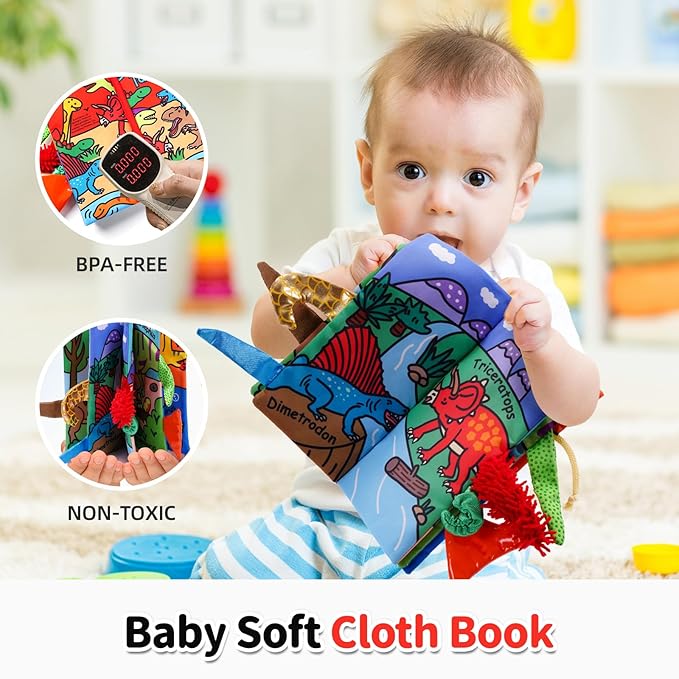 Jollybaby Baby Books 0-6 Months, Touch and Feel Crinkle Soft Cloth Books for Infants Babies, Toddler Early Educational Interactive Stroller Sensory Toys, Baby Girl & Boy Gift(Dinosaur Tails)-CubbioJoy