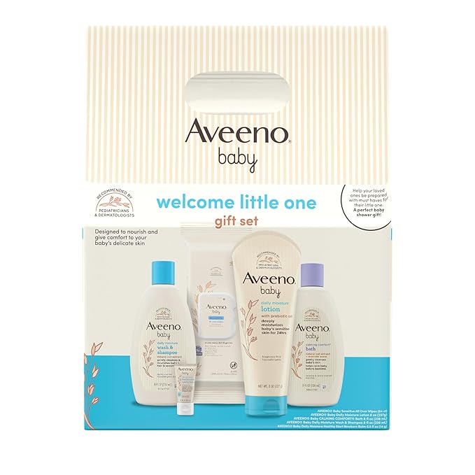 Aveeno Baby Welcome Little One Gift Set, Baby Skincare Set with Nourishing Baby Body Wash & Shampoo, Calming Bath Wash, All Over Baby Wipes, Daily Moisturizing Lotion, & Baby Balm, 5 Items-CubbioJoy