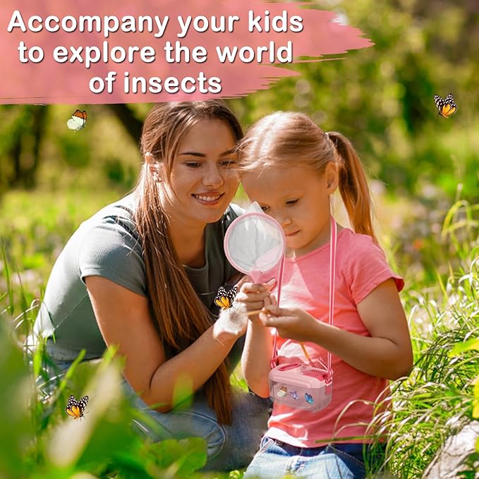 2Sets Bug Catcher for Kids- Sturdy Kids Bug Catching Kit Gifts with Collector Butterfly Net Tweezer, Bugs Habitat Outdoor Explorer Kit for Age 3 4 5 6 7 8, 8Pcs, Pink-CubbioJoy