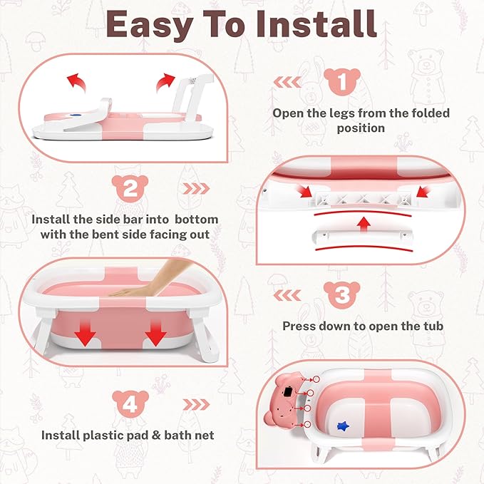 AVIDOR Baby Bathtub,Collapsible Bathtub for Newborn to Toddler,Durable Essential Infant Bath Tub,Portable Travel Baby Tub with Soft Cushion,No-Slip Hanging and Detachable(Pink)-CubbioJoy