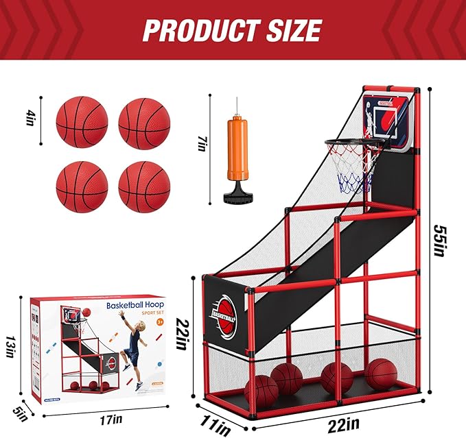 Basketball Arcade Game Indoor Outdoor, Kids Basketball Hoop with 4 Balls & Pump, Single Shot Basketball Game at Home, Carnival Games Sport Toys Gifts for Boys Girls Teens-CubbioJoy