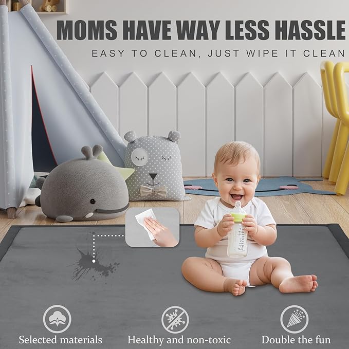 Baby Play Mat for Floor, 1.3"Thick Extra Large Cushioning Memory Foam Playpen Mat, Soft Coral Velvet Baby Crawling Mat with Non-Slip Backing, Baby Nursery Rug for Toddlers, Kids (Dark Grey, 79X59)-CubbioJoy