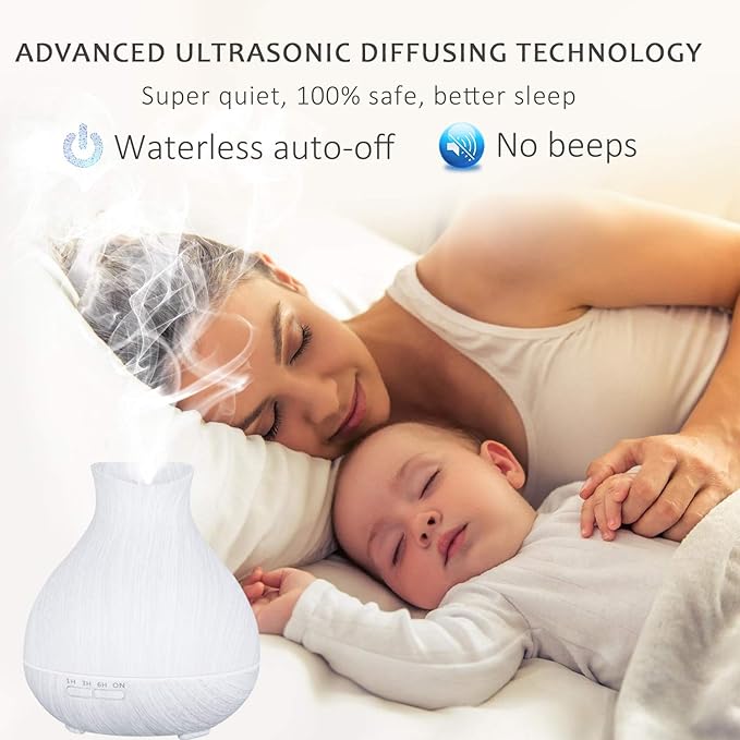 BZseed Aromatherapy Essential Oil Diffuser 550ml 12 Hours White Wood Grain Aroma Diffuser with Timer for Large Room, Home, Baby Bedroom, Waterless Auto Shut-Off, 7 Colors Lights Changing-CubbioJoy