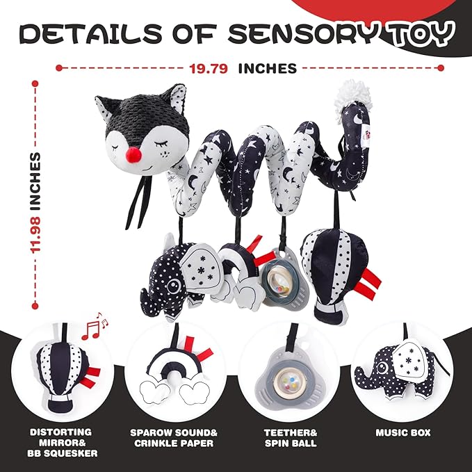 Jollybaby Crib Stroller Car Seat Toys for Baby 0-3-6-9-12 Months, Tummy Time Hanging Sensory Toys for Newborn with Music Box and Teether, Spiral Carseat Toy for Infant Boy Girl Gift (Black and White)-CubbioJoy