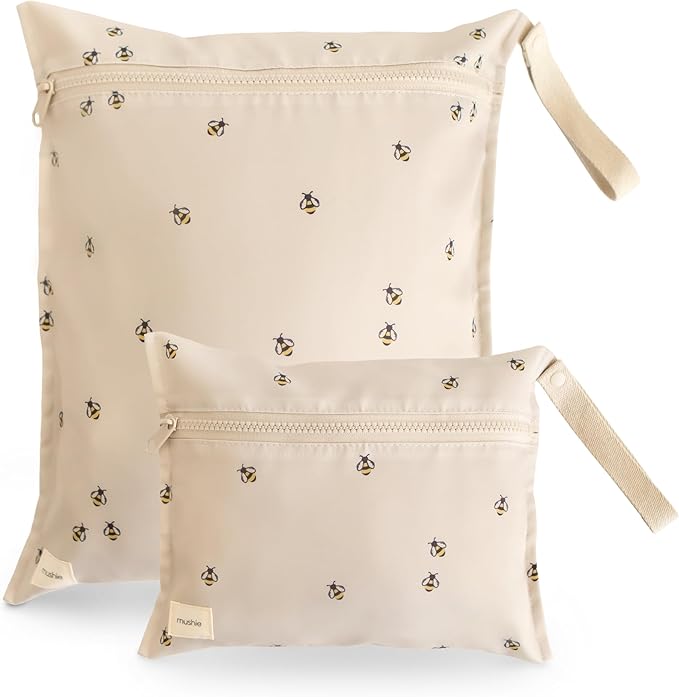 mushie Water Resistant Wet Bags | Large & Small Reusable Storage Bag for Baby Items and Travel | Zippered Pockets with Handle | Machine Washable, Set of 2 (Bees)-CubbioJoy