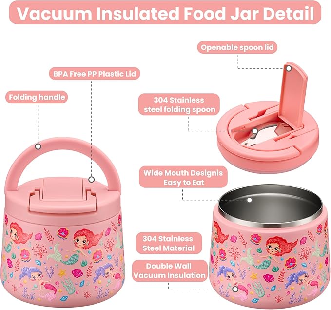14oz Insulated Vacuum Food Jar with Buckle Lid,Soup Thermo for Hot Food Kids,Wide Mouth Leakproof Stainless Steel Lunch Container with Spoon-Mermaid-CubbioJoy