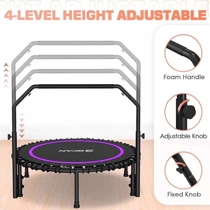 BCAN 40"/48" Mini Rebounder Trampoline for Adults with Bar, 450/550LBS Fitness Trampoline with Bungees, Adjustable Handle, Stable & Quiet, Indoor Outdoor, Whole-Body Workout & Relaxation at Home-CubbioJoy