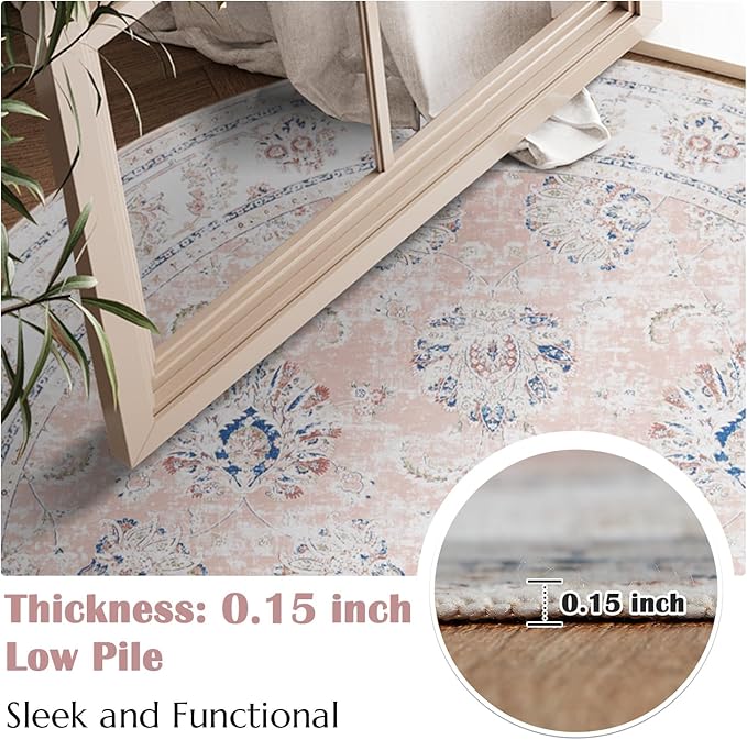 jinchan Round Rug 4ft Area Rugs Vintage Floral Distressed Design - Machine Washable Non-Slip Low-Pile Ultra-Thin Circle Rug for Entryway Bedside Living Room Dining Room Bedroom (4' Round,Pink)-CubbioJoy
