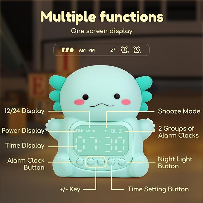 Axolotl Alarm Clock with Night Light for Kids, 7 RGB Color Cute Alarm Clocks for Bedrooms Ok to Wake Clocks, Silicone Animal Tabletop Lamp for Teen Girls Boys, Green-CubbioJoy