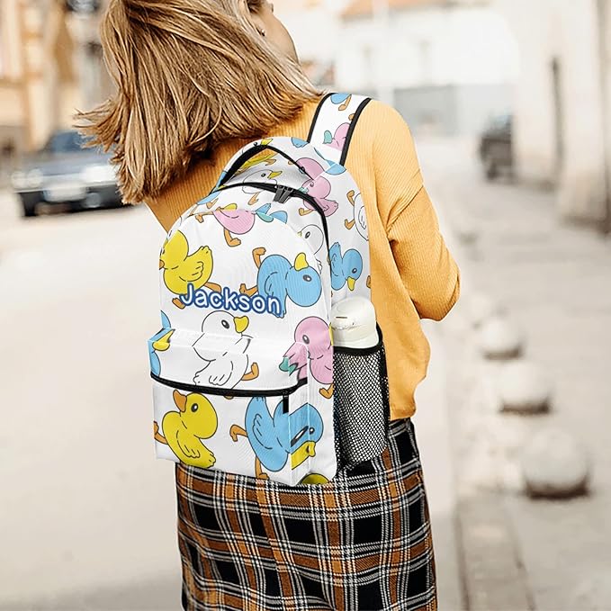 Duck Cartoon Doodle Custom Kids Backpack for Boy Girl, Personalized Waterproof Child School Travel Bag with Name, 16.5’’ X 12.2’’ X 5.9’’-CubbioJoy