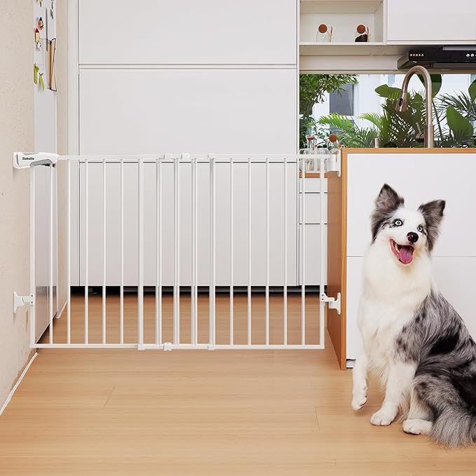Babelio 31.5-55" No Bottom Bar Baby Gate Extra Wide, 2-in-1 Auto Close Dog Gate for The House, Stairs and Doorways, with Large Walk Thru Door, White-CubbioJoy