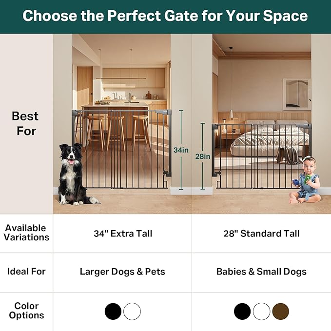Cumbor 34" Extra Tall No Bottom Bar Baby Gate for Stairs, Auto Close Dog Gate Indoor for Larger Pets, 29.2-43" Hardware Mounted Safety Gate for Doorways, Wide Walk Thru Door for Easy Access (Black)-CubbioJoy