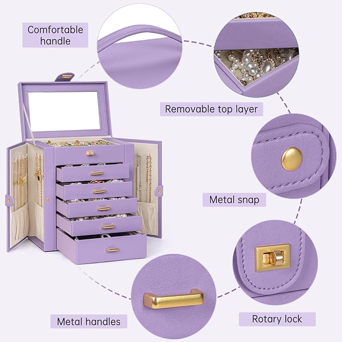 AKOZLIN 6-Tier Jewelry Box Organizer Functional 5 Drawers Leather Jewelry Storage Case for Women Girls Ring Necklace Earring Bracelet Holder Organizer with Mirror Violet-CubbioJoy