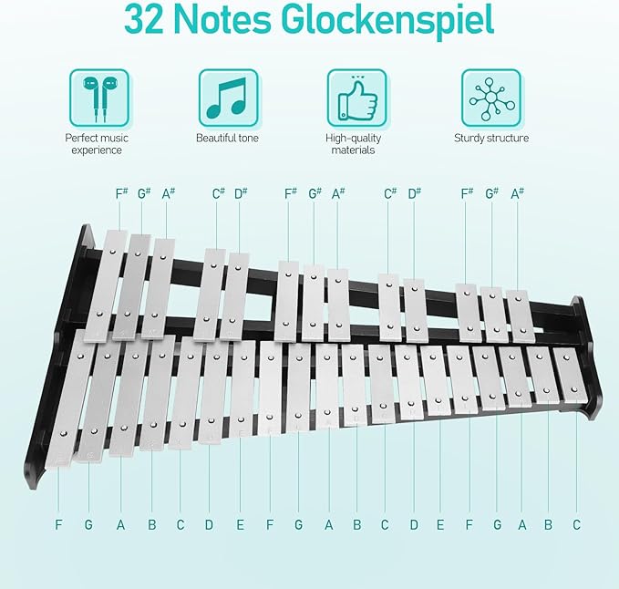 32 Note Glockenspiel Xylophone Percussion Kit with Height Adjustable Stand, Drumsticks and Carry Bag-CubbioJoy