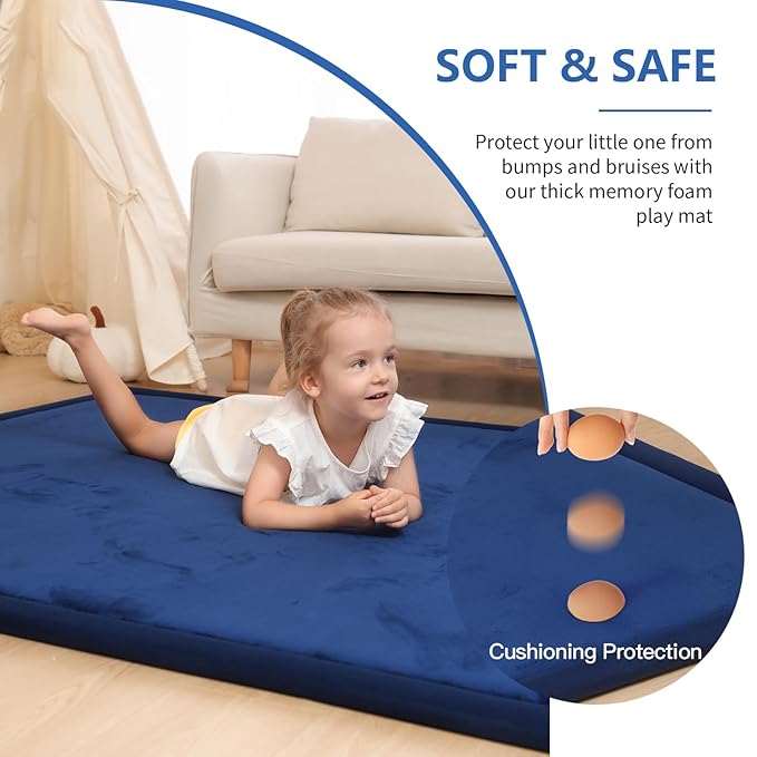 Baby Play Mat for Floor,1.3" Thick Elasti-Foam 74×50 Playpen Mat for Toddlers Infant kids,Water-Repellent Soft Coral Velvet for Tummy Time, Non-Slip Backing for Crawling,Tatami Style(Dark Blue)-CubbioJoy