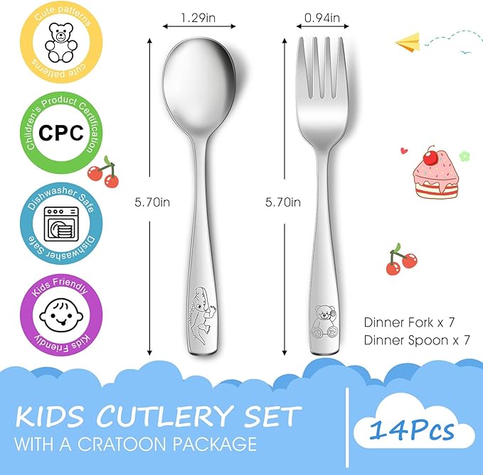 14-Piece Toddler Flatware, Kids Utensils Stainless Steel Cutlery Set, Children Safe Spoons and Forks with Ergonomic Handle, Easy to use and Dishwasher Safe (Crocodile and Bear)-CubbioJoy
