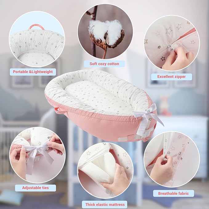 JOLLITO Baby Lounger for Newborn, Breathable Soft Baby for Baby 0-24 Months,Baby Play Mat, Portable Infant Lounger Baby Floor Seat for Home and Travel,Babies Essentials Gifts-CubbioJoy