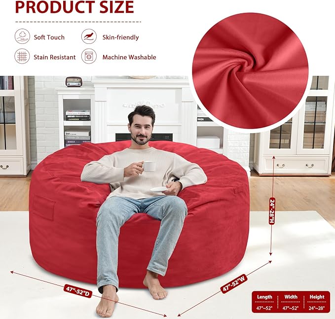 5FT Bean Bag Chair, Large Bean Bag Chairs with Memory Foam Filled, Fluffy Beanbag Sofa with Dutch Velvet Cover, Round BeanBag Chairs for Living Room, Playroom - Red-CubbioJoy