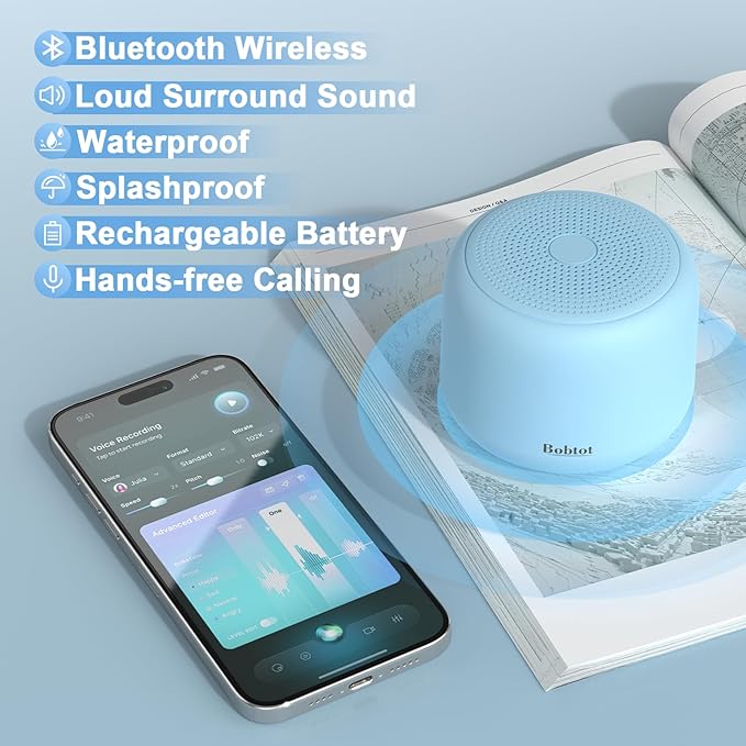 Bobtot Portable Bluetooth Speakers with Strap Easy to Carry, Wireless IPX5 Waterproof Mini Speaker with Loud Stereo Sound, 20 Hours Playtime, Rechargeable Battery, Built-in Microphone, Blue-CubbioJoy