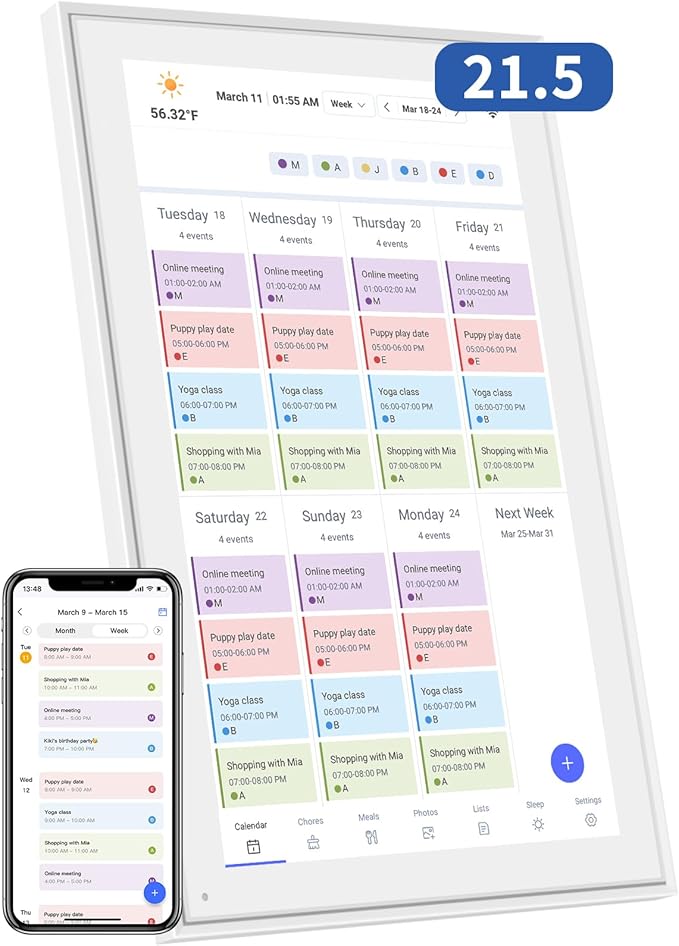 21.5 Inch Digital Calendar, Electronic Chore Chart, Smart Weekly and Monthly Planner 1920 * 1080P IPS Touchscreen Wall and Desk Calendar for Family Schedules, White-CubbioJoy