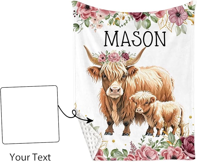 Custom Nursery Crib Bedding Set: Personalized Name 4 Piece Flower Highland Cow Design Baby Crib Sets for Baby Girls - Toddler Double Layer Blanket Set, Comfortable Crib Bed Sheets for Baby Toddlers-CubbioJoy