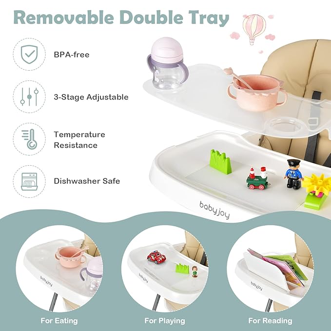 BABY JOY High Chair for Babies & Toddlers, Foldable High Chair w/Adjustable Height/Backrest/Footrest, Double Removable Tray, Book Holder & Storage Bag, Highchair for 6-36 Months Girls Boys (Beige)-CubbioJoy