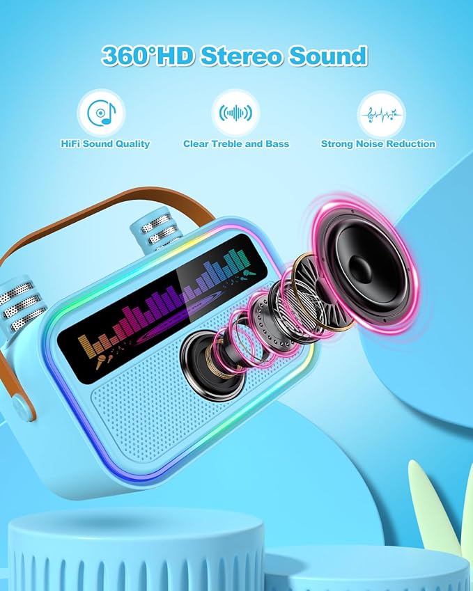 Karaoke Machine for Kids Adults, Birthday Gifts Toys for Girls Boys Age 3-12+,Mini Portable Bluetooth Singing Speaker with 2 Wireless Microphones & LED Lights (Blue)-CubbioJoy