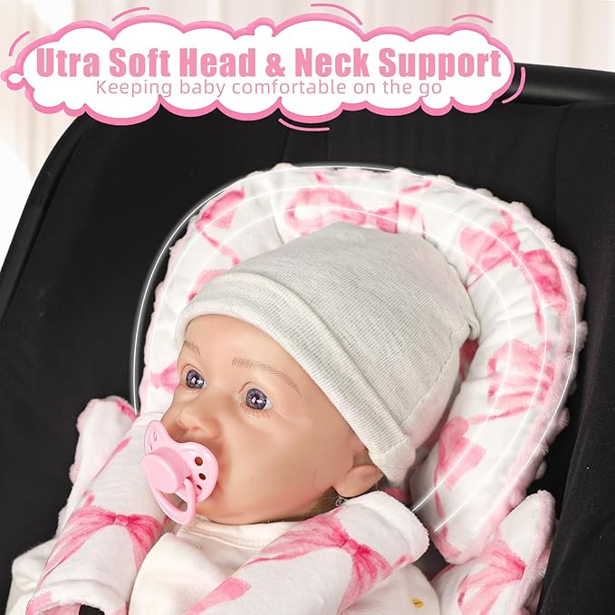 Infant Car Seat Insert, Soft Baby Car Seat Head & Body Support for Girl Boy, Reversible Newborn Preemie Carseat Insert Cushion with 3 Straps Pads, Fits Car Seat, Stroller, Swing, Bouncer, Pink Bow-CubbioJoy