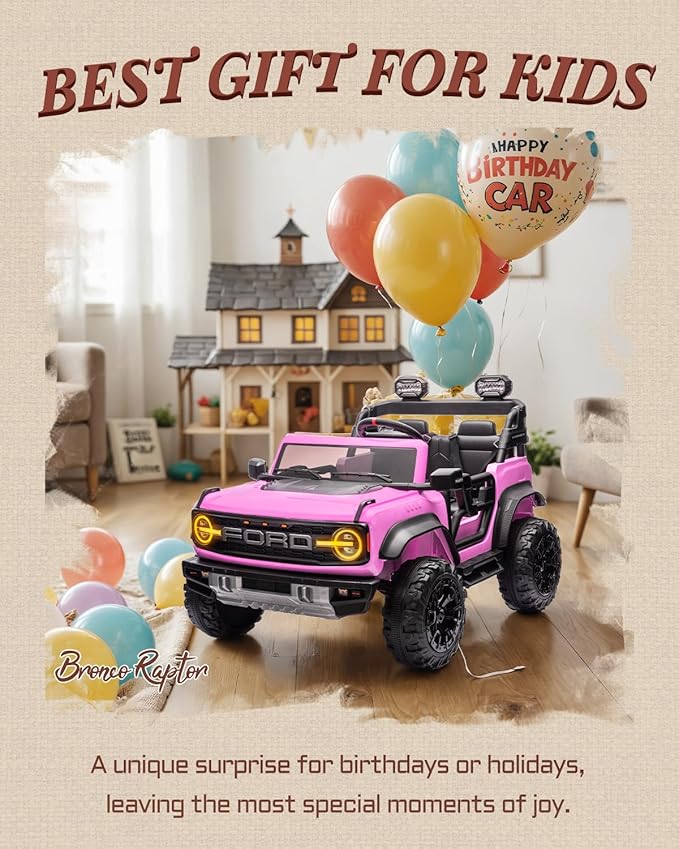 24V Ride on Toys for Big Kids, Licensed Ford Bronco Raptor 2 Seater Ride on Cars with Remote Control, Ride on Truck w/ 4-Wheeler Suspension, 3 Speeds, Led Lights, Bluetooth (24V, Pink)-CubbioJoy