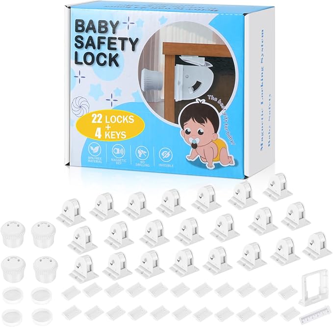 22 Pack Magnetic Cabinet Locks for Child Safety, Drawer Locks Baby Proofing, Magnetic Door Safety Locks for Cabinets and Drawers, Easy Installation No Tools Required (22 Pack and 4 Keys)-CubbioJoy