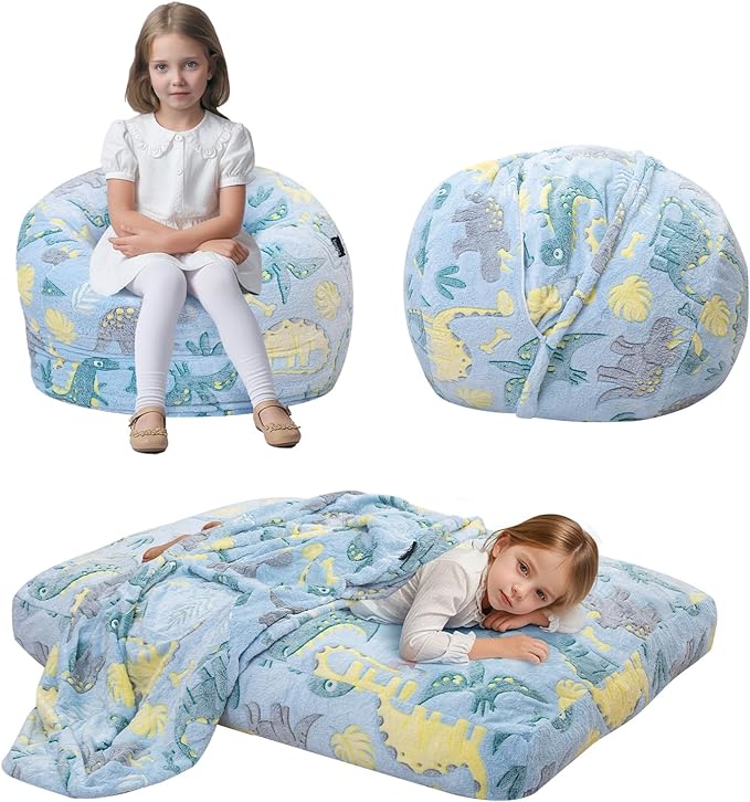 Bean Bag Chair for Kids, Toddler Beanbag Bed Unicorn, Convertible Children Bean Chair to Floor Mattress with Filler, Stuffed Child Bean Bags for Girl Boy Sleeping, Blue Dino-CubbioJoy