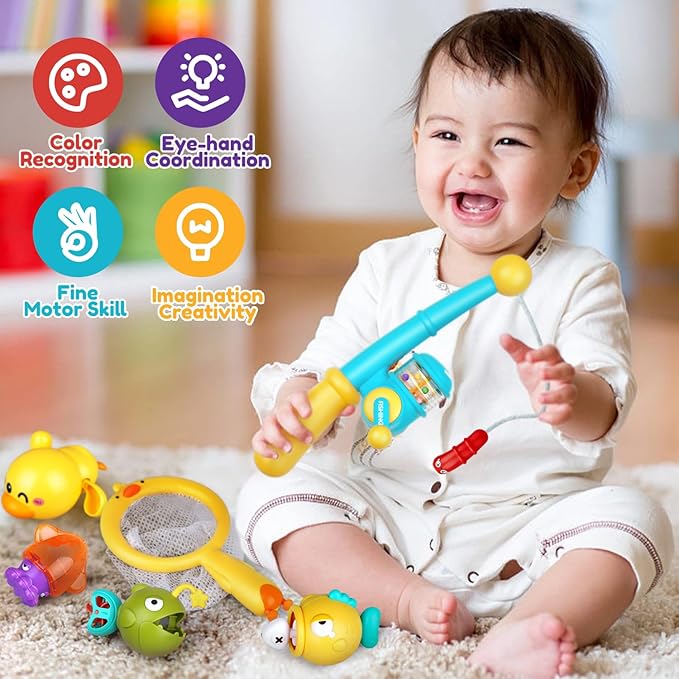 Baby Bath Toys for Kids Ages 1-3, Magnetic Fishing Games with Floating Bathtub Wind-Up Toys & Fishing Net, Fishing Rod Water Pool Toys for Toddlers 1-3-CubbioJoy
