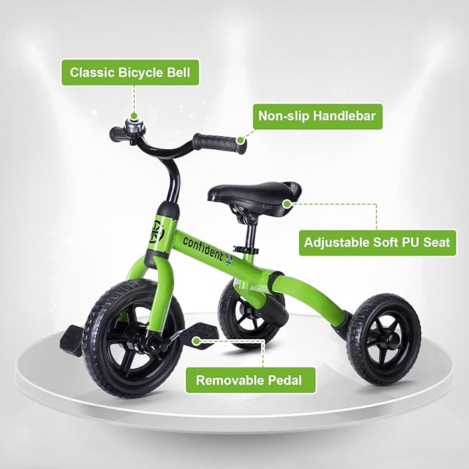 Ancaixin 3 in 1 Toddler Tricycles for 2-5 Years Old Boys and Girls with Adjustable Seat Detachable Pedal and Bell, Foldable Baby Balance Bike Riding Toys for Kids, Child Birthday Gift Green-CubbioJoy