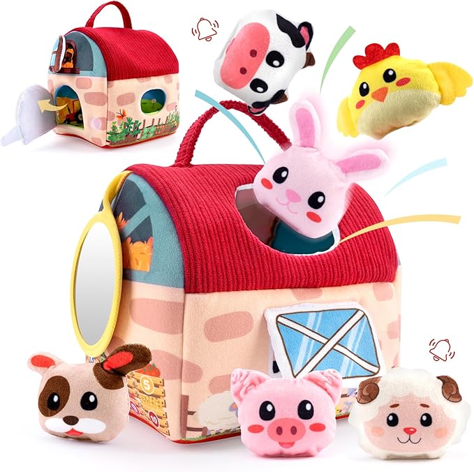 Baby Toys 6-12 Months – Montessori Sensory Barn with Plush Farm Animals, Rattles, Crinkle & Mirror – 1st Birthday Gift or Easter Basket Stuffer for Babies-CubbioJoy