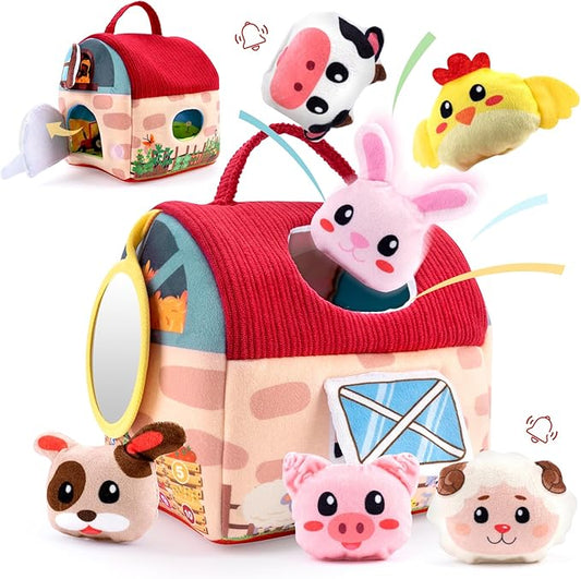 Baby Toys 6-12 Months – Montessori Sensory Barn with Plush Farm Animals, Rattles, Crinkle & Mirror – 1st Birthday Gift or Easter Basket Stuffer for Babies-CubbioJoy
