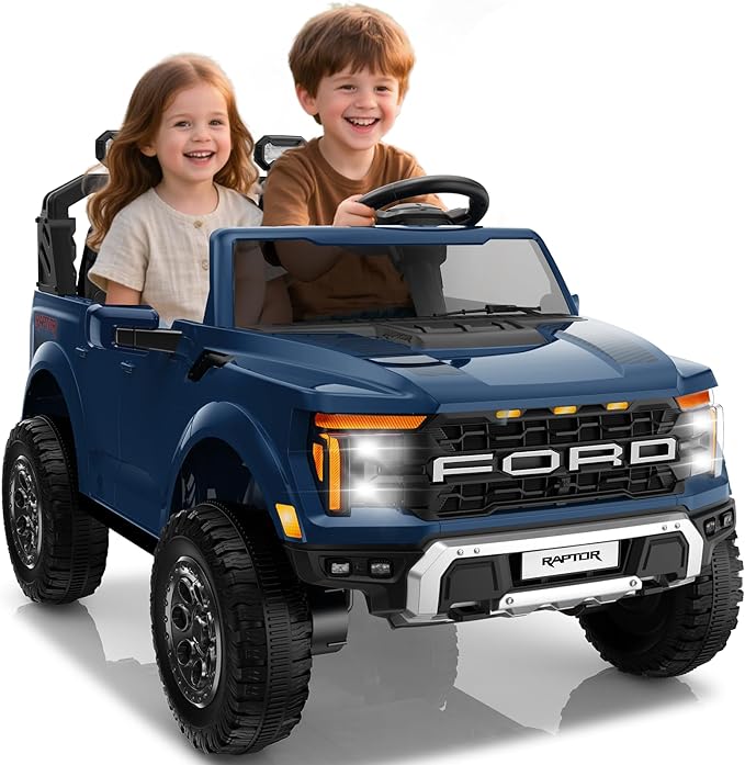 24V Ride on Car Licensed Ford F-150 Raptor, Kids Electric Car with Remote Control, LED Light/Music/MP3, Truck Bed Storage, 3-Point Seat Belt (24V, Blue)-CubbioJoy