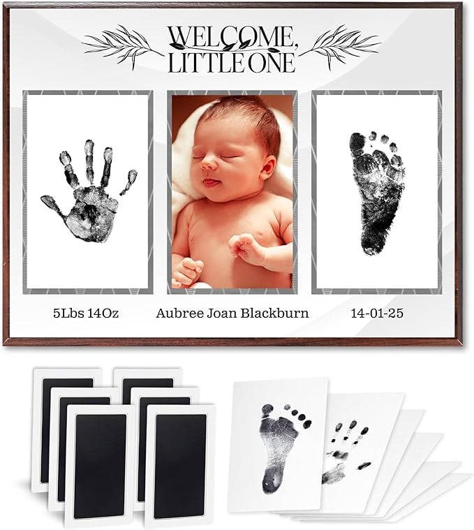 Baby Hand and Footprint Kit with Photo & Birth Details, Inkless Hand and Footprint Kit, Newborn Keepsake Plaque, Baby Shower Gifts (STYLE 1 (Fully Personalized) (Welcome Little One))-CubbioJoy