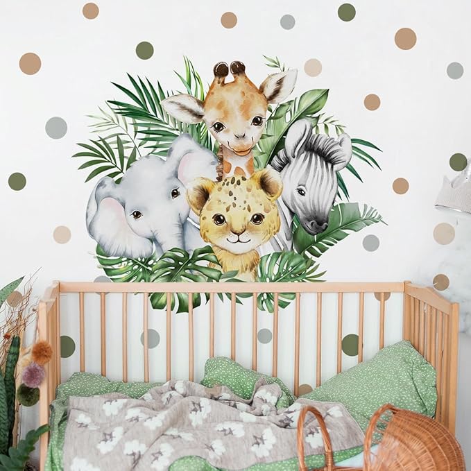 37.95x33.13 Inch Watercolor Jungle Animal Wall Decal Forest Animal Tiger Elephant Giraffe Zebra Wall Sticker Removable Safari Animal Wall Decal for Baby Nursery Playroom Bedroom Classroom Wall Decor-CubbioJoy
