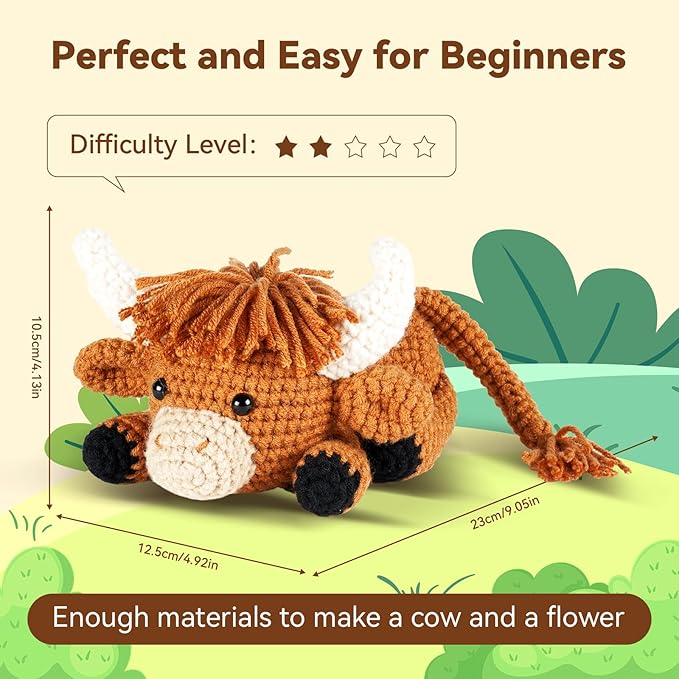 Crochet Kit for Beginners, Learn to Crochet, Include Easy Knitting Soft Yarn, Step-by-Step Video Tutorial, Hook, Holiday Birthday Gift for Adults and Kids(Highland Cow)-CubbioJoy