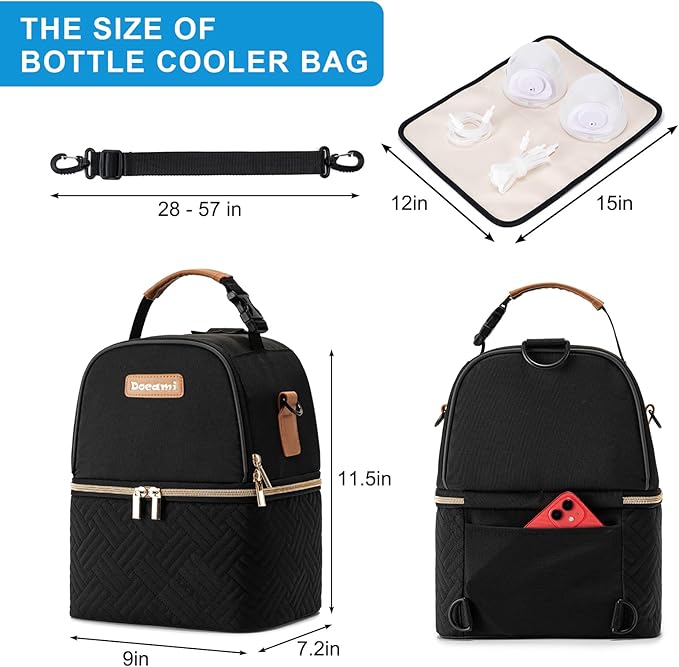 Breastmilk Cooler Bag with Ice Pack & Mat Fit 6 Bottles Up to 9 Ounce, Baby Bottle Cooler Bag for Moms, Daycare & Travel, Black-CubbioJoy