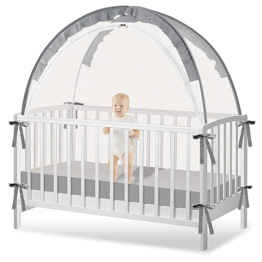 Crib Tent to Keep Baby from Climbing Out - Crib Net to Keep Baby in - Pop Up Breathable Cribs Cover - Canopy with Upgrade Strong Mesh and Durable Zipper (Grey, Lager)-CubbioJoy