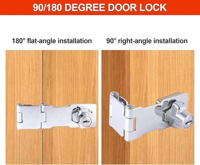 KIBBEH 1 Pack Door Lock Hasp Latchs, Collapsible Solid 304 Stainless Steel File Cabinet Lock Desk Drawer Lock, for 90 Degree and 180 Degree Drawers, Dabinets, Doors, Flip Barn Door (Universal Key)-CubbioJoy